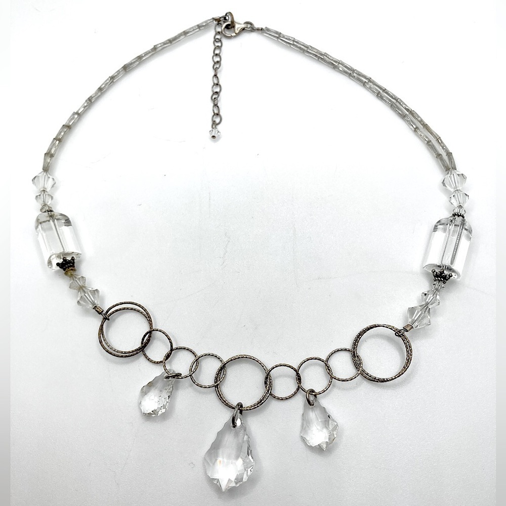 VTG Art Deco Sterling & Chandelier Crystal Dangle Accent Necklace Approx 18”